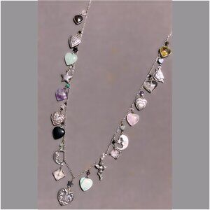 🆕 Handmade Sterling Silver Charm Necklace | Gemstone Hearts & Moons | NWT